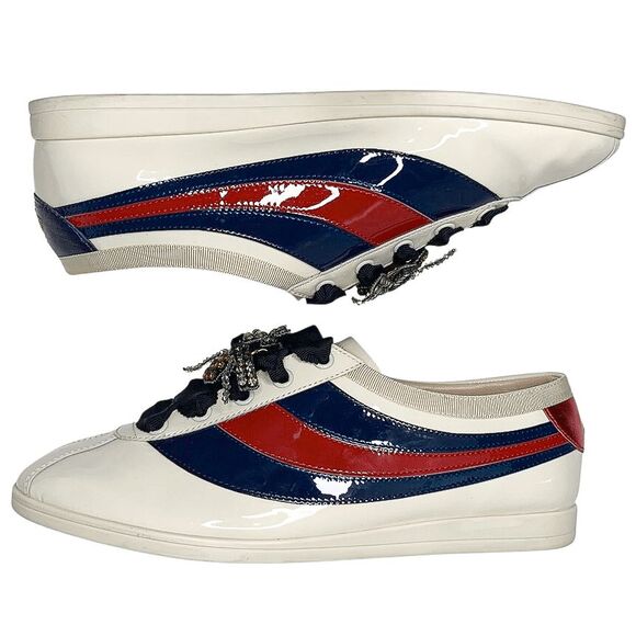 Gucci Falacer Patent Leather Sneakers 38 White Red Blue Bee Crystal Low Top - Picture 6 of 11